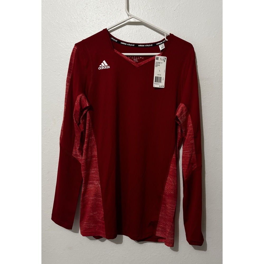 adidas Climalite Red Long Sleeve Jersey V-Neck Women's L Moisture Wicking